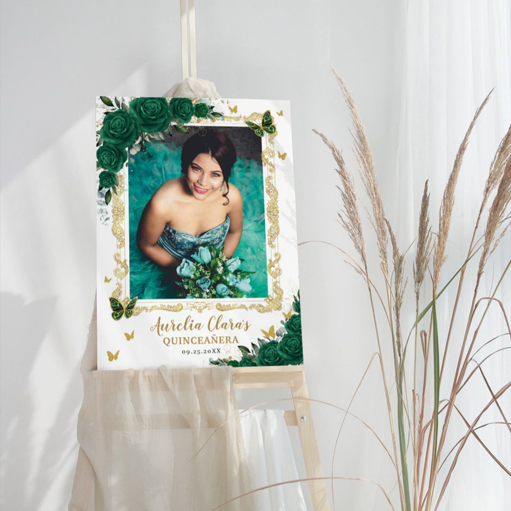 Emerald Green Floral Butterflies Quinceanera Photo Foam Board