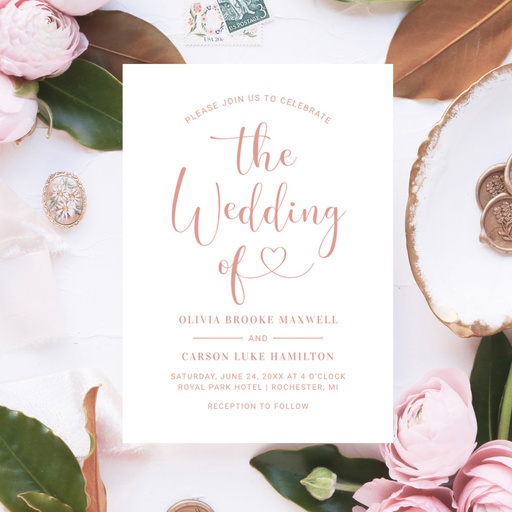 Modern Rose Gold Heart Calligraphy Script Wedding Invitation