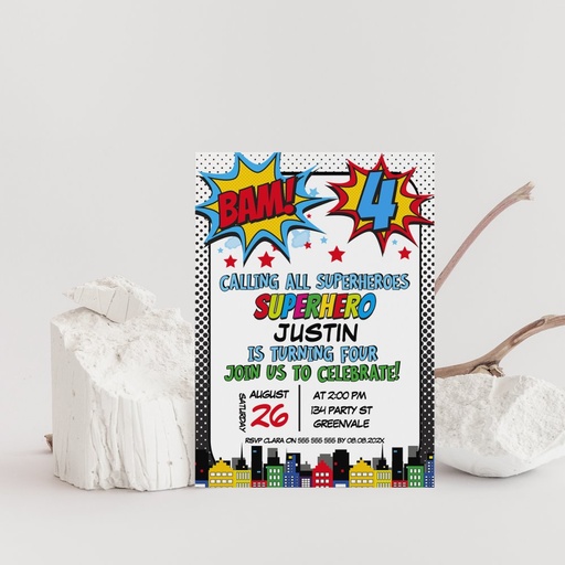 Red Blue Yellow Bam Superhero 4th Birthday Invitation